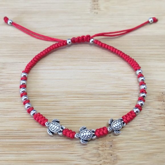 Braided Silver Turtle Lucky Red String Adjustable Bracelet - Picture 1 of 3